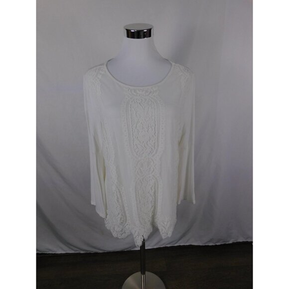 Chico's Shirt Womens 1 Medium White Lace Front Boho Tunic 3/4 Bell Sleeve Knit - Picture 1 of 12